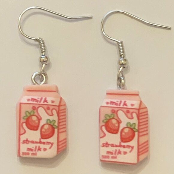 Strawberry Milk Earring, Milk Earring, Drink Earring, Funny Food Earring, Gift - Picture 2 of 4